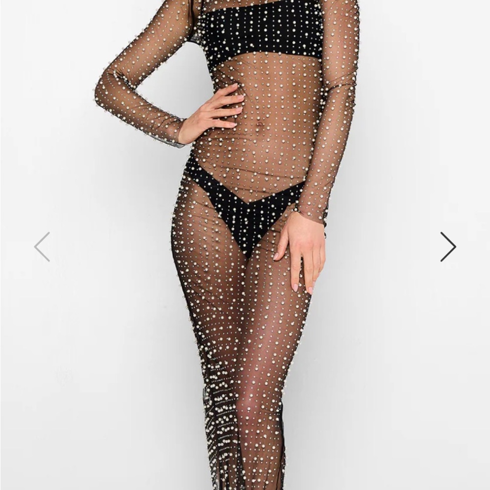 Beach Bunny black Mesh Gown with Pearl Details - beach coverup